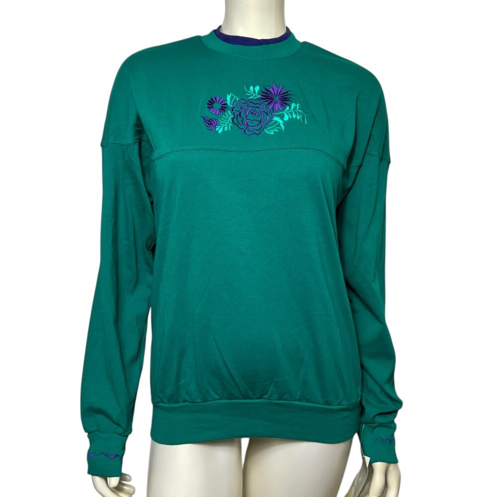Gloria Vanderbilt Teal Sweatshirt Size M Floral Embroidered